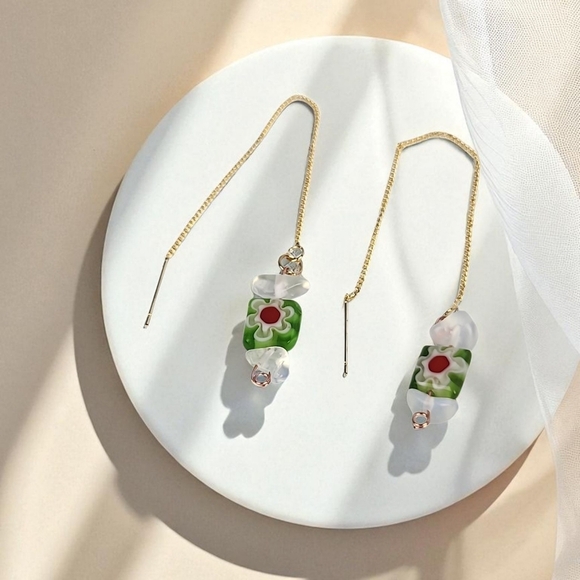 18K Gold Plated Millefiori Lampwork Glass Beads Threader Quartz Earrings - Picture 1 of 2